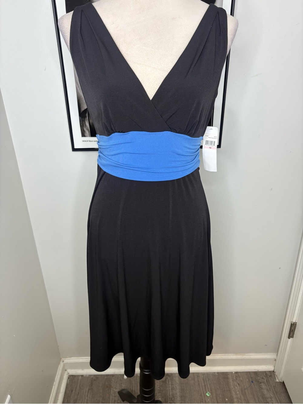 London Times Black Midi Dress with Blue Waistband